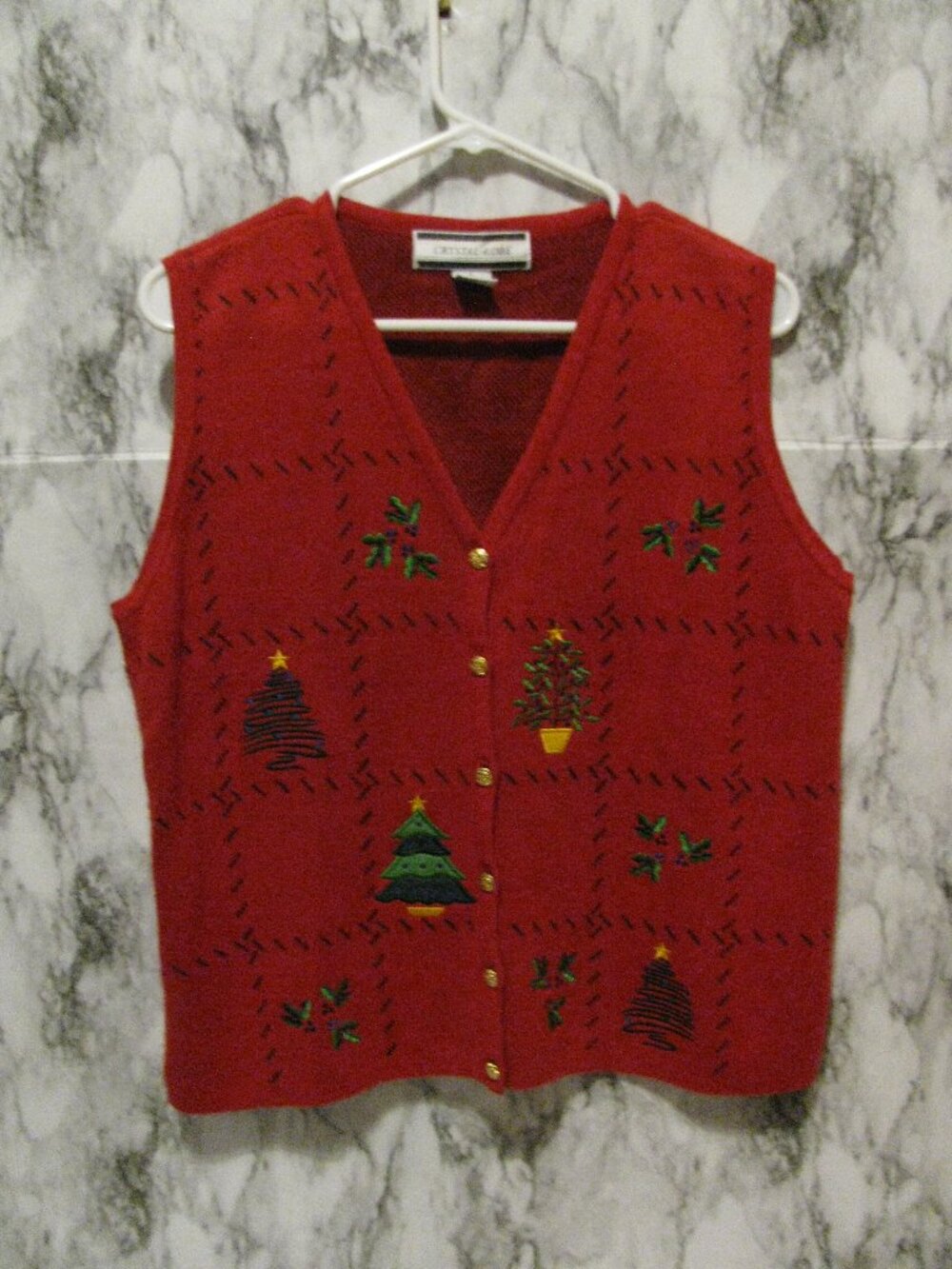 VTG Crystal Kobe Red Holiday Christmas Tree Sweater Vest Embroidered Large